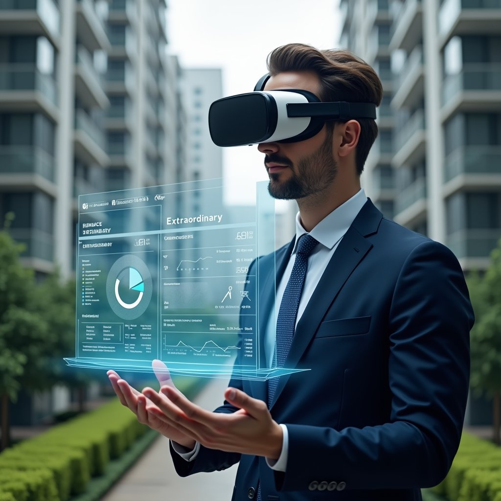 Ultra-realistic condominium manager in a dark blue suit, set in a modern luxury condominium environment with high-rise buildings and manicured green landscaping, analyzing a holographic financial dashboard splitting ordinary and extraordinary expenses, hovering pie chart labeled “Ordinary” and “Extraordinary,” floating icons of coins and a wrench symbolizing maintenance, cinematic lighting, shallow depth of field, highly detailed textures, realistic skin, photographic realism, 8k resolution --ar 1:1 --v 6
