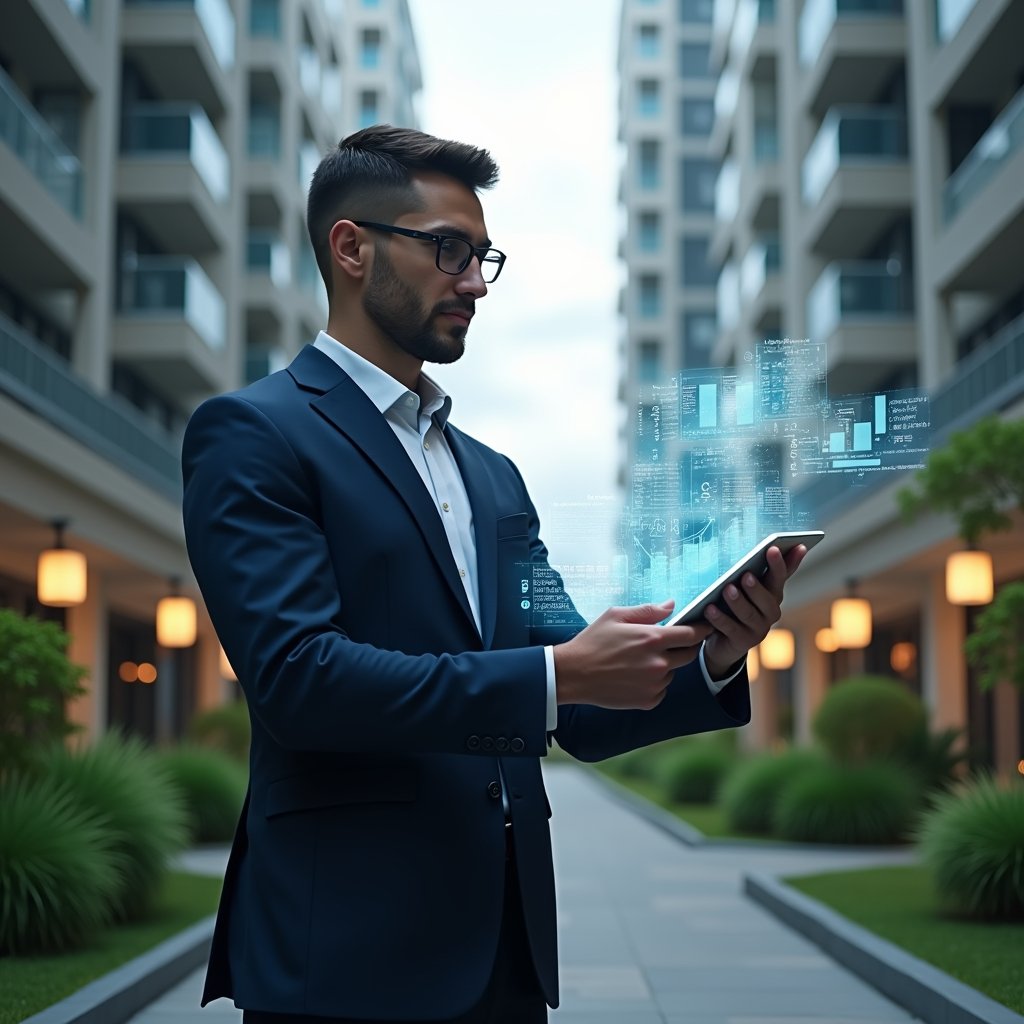 Ultra-realistic condominium manager in a tailored dark blue suit, set in a modern luxury condominium environment with high-rise buildings and lush green landscaping, medium shot holding a tablet with holographic maintenance schedules and financial charts floating above, confidently analyzing data, cinematic lighting, shallow depth of field, highly detailed textures, realistic skin, photographic realism, 8k resolution --ar 1:1 --v 6