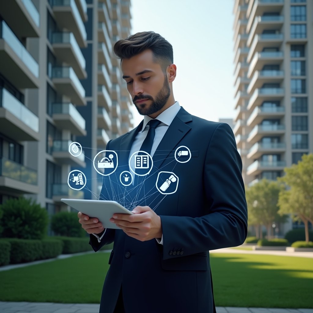 (Ultra-realistic condominium manager in a tailored navy suit, set in a modern luxury condominium environment with high-rise buildings and manicured green landscaping, confidently reviewing maintenance schedules on a tablet while holographic icons of tools, security cameras and chat bubbles float beside, cinematic lighting, shallow depth of field, highly detailed textures, realistic skin, photographic realism, 8k resolution --ar 1:1 --v 6)