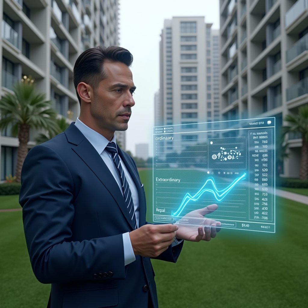 (Ultra-realistic condominium manager in a navy blue executive suit, set in a modern luxury condominium environment with high-rise buildings and manicured green lawns, reviewing a floating holographic budget chart displaying ordinary and extraordinary expenses, confident and focused expression, holographic icons of coins and repair tools beside the chart, cinematic lighting, shallow depth of field, highly detailed textures, realistic skin, photographic realism, 8k resolution --ar 1:1 --v 6)