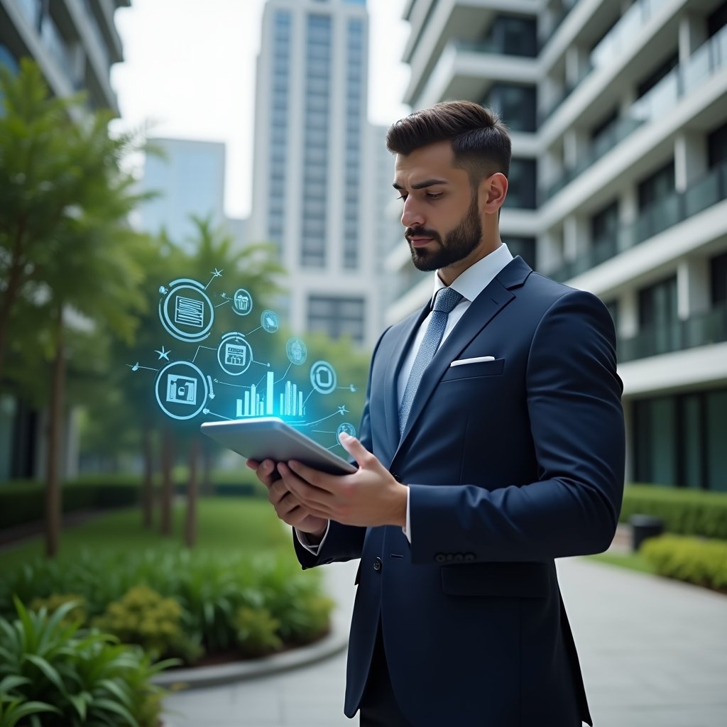 Ultra-realistic condominium manager in a navy tailored suit, set in a modern luxury condominium environment with high-rise buildings and lush green landscaping, standing in a medium shot, confidently reviewing a holographic checklist projected from a digital tablet, subtle floating icons of graphs and documents around them, cinematic lighting, shallow depth of field, highly detailed textures, realistic skin, photographic realism, 8k resolution --ar 1:1 --v 6