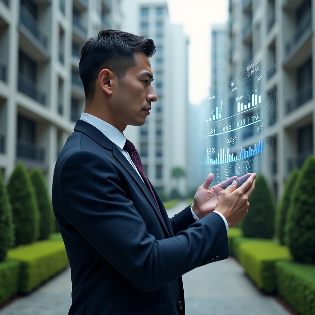 (Ultra-realistic condominium manager in a dark navy executive suit, set in a modern luxury condominium environment with high-rise buildings and manicured green landscaping, medium shot focusing on a confident professional analyzing a floating holographic financial dashboard with categorized expense charts and automated report icons, cinematic lighting, shallow depth of field, highly detailed textures, realistic skin, photographic realism, 8k resolution --ar 1:1 --v 6)