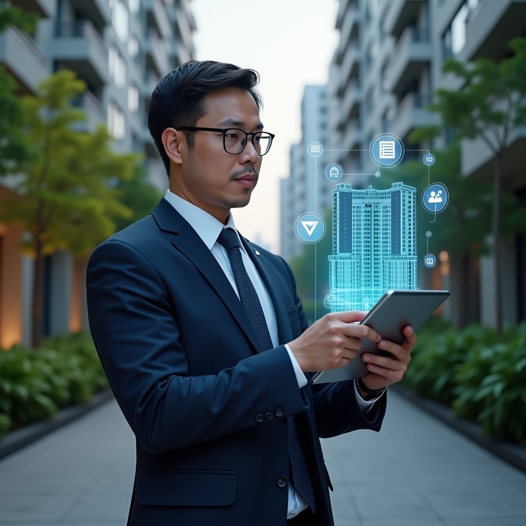 (Ultra-realistic condo manager in a navy executive suit, set in a modern luxury condominium environment with high-rise buildings and lush green landscaping, medium shot of a confident professional reviewing a digital tablet displaying a holographic condominium management interface, floating hologram icons of building floor plans and checklists surrounding them, cinematic lighting, shallow depth of field, highly detailed textures, realistic skin, photographic realism, 8k resolution --ar 1:1 --v 6)