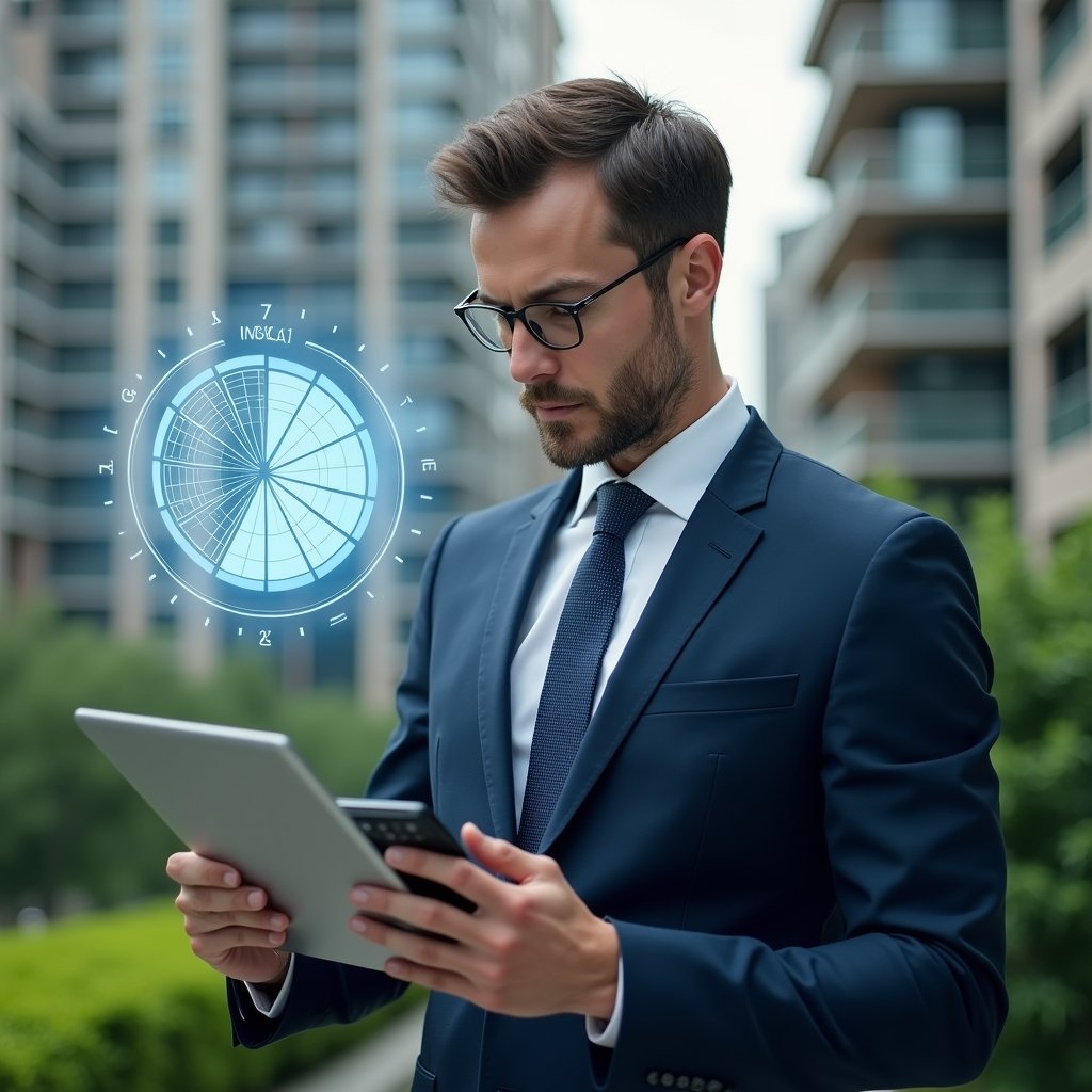 Ultra-realistic condominium manager in a tailored navy executive suit, set in a modern luxury condominium environment with high-rise buildings and lush green landscaping, studying a floating holographic pie chart representing ideal fractions and expense distribution, holding a digital tablet and calculator, thoughtful and confident expression, cinematic lighting, shallow depth of field, highly detailed textures, realistic skin, photographic realism, 8k resolution --ar 1:1 --v 6