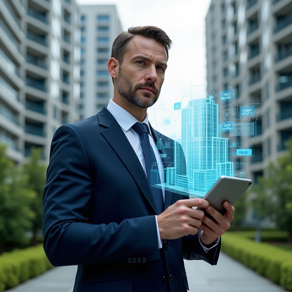 Ultra-realistic condominium manager in a sleek navy suit, set in a modern luxury condominium environment with high-rise buildings and manicured green landscaping, holding a digital tablet with holographic building blueprints and analytics charts floating above, confident and focused expression, cinematic lighting, shallow depth of field, highly detailed textures, realistic skin, photographic realism, 8k resolution --ar 1:1 --v 6