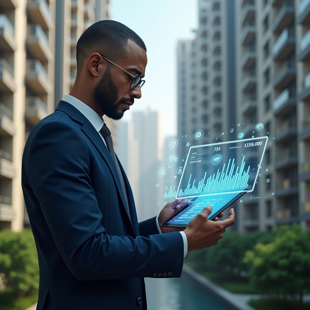 Ultra-realistic condominium manager in a navy blue suit, set in a modern luxury condominium environment with high-rise buildings and green landscaping, standing and analyzing a holographic budget chart projected from a tablet, floating icons of coins and graphs around them, confident expression, cinematic lighting, shallow depth of field, highly detailed textures, realistic skin, photographic realism, 8k resolution --ar 1:1 --v 6