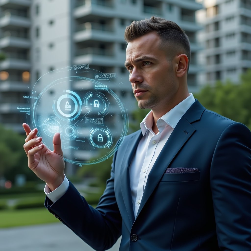 (Ultra-realistic condominium manager in a navy executive suit, set in a modern luxury condominium environment with high-rise buildings and manicured greenery, examining a floating holographic interface displaying warning icons, speedometer gauges and security padlocks, conveying a thoughtful yet determined expression, cinematic lighting, shallow depth of field, highly detailed textures, realistic skin, photographic realism, 8k resolution --ar 1:1 --v 6)