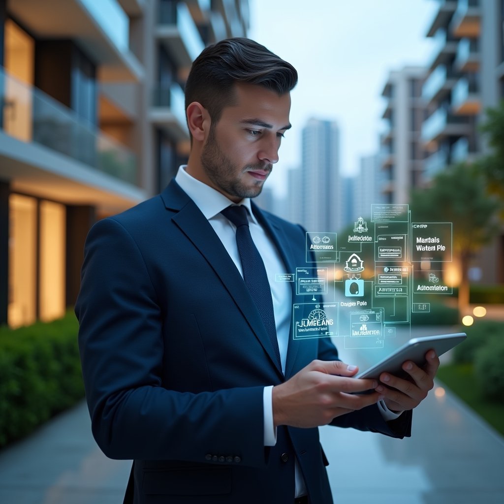 (Ultra-realistic condominium manager in a tailored navy blue suit, set in a modern luxury condominium environment with high-rise buildings and lush green landscaping, holding a digital tablet with floating holographic icons representing automation, cost savings, maintenance and security, confidently analyzing a futuristic dashboard, cinematic lighting, shallow depth of field, highly detailed textures, realistic skin, photographic realism, 8k resolution --ar 1:1 --v 6)