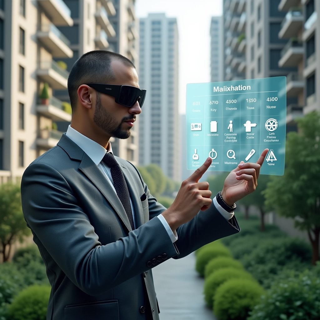(Ultra-realistic condominium manager in a tailored gray suit, set in a modern luxury condominium environment with high-rise buildings and meticulously landscaped greenery, examining and pointing at a floating holographic calendar displaying icons for cleaning, maintenance and assembly tasks, conveying confidence and focus, cinematic lighting, shallow depth of field, highly detailed textures, realistic skin, photographic realism, 8k resolution --ar 1:1 --v 6)