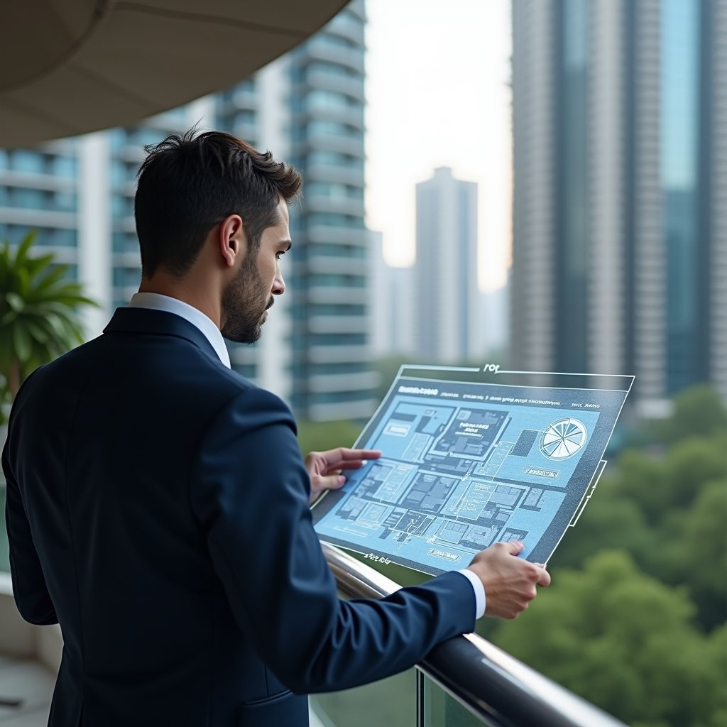 Ultra-realistic condominium manager in a tailored navy suit, set in a modern luxury condominium environment with high-rise buildings and green landscaping, reviewing a holographic floor-plan with fractional calculations floating before them, a semi-transparent pie-chart icon representing unit shares beside the blueprint, cinematic lighting, shallow depth of field, highly detailed textures, realistic skin, photographic realism, 8k resolution --ar 1:1 --v 6