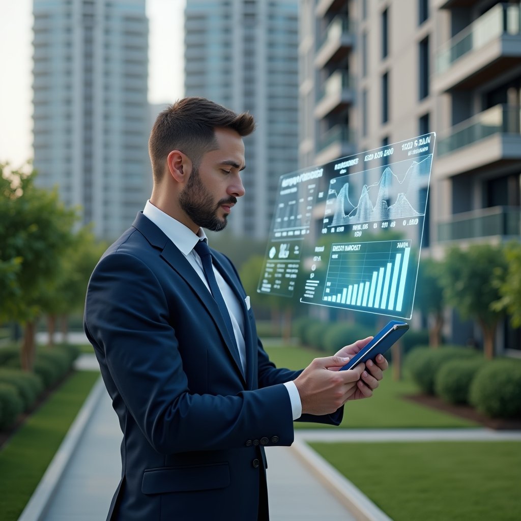 Ultra-realistic property manager in a navy suit, set in a modern luxury condominium environment with high-rise buildings and manicured green landscaping, reviewing a floating holographic financial report with clear charts and graphs, confident expression, cinematic lighting, shallow depth of field, highly detailed textures, realistic skin, photographic realism, 8k resolution --ar 1:1 --v 6