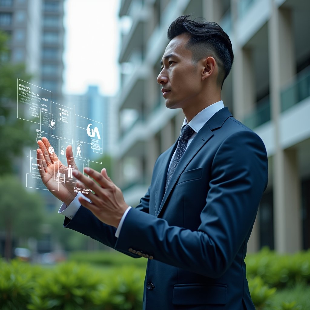 Ultra-realistic condominium manager in a tailored dark blue suit, set in a modern luxury condominium environment with high-rise buildings and lush green landscaping, medium shot of a confident professional interacting with a holographic digital interface displaying automated workflow charts and condo service icons, futuristic holographic screens floating around, cinematic lighting, shallow depth of field, highly detailed textures, realistic skin, photographic realism, 8k resolution --ar 1:1 --v 6