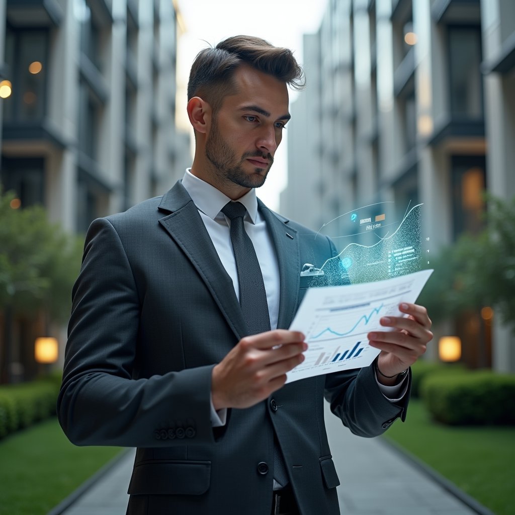 Ultra-realistic condominium manager in a charcoal gray suit, set in a modern luxury condominium environment with high-rise buildings and manicured green landscaping, holding and reviewing a translucent holographic financial report with glowing charts and graphs, expression confident and thoughtful, cinematic lighting, shallow depth of field, highly detailed textures, realistic skin, photographic realism, 8k resolution --ar 1:1 --v 6