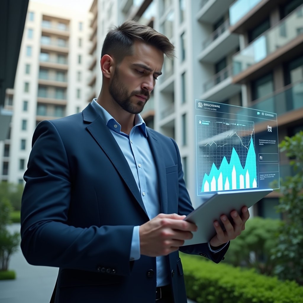 Ultra-realistic condominium manager in a navy executive suit, set in a modern luxury condominium environment with high-rise buildings and lush green landscaping, analyzing a floating holographic financial report with glowing charts and graphs, confident and focused expression, cinematic lighting, shallow depth of field, highly detailed textures, realistic skin, photographic realism, 8k resolution --ar 1:1 --v 6