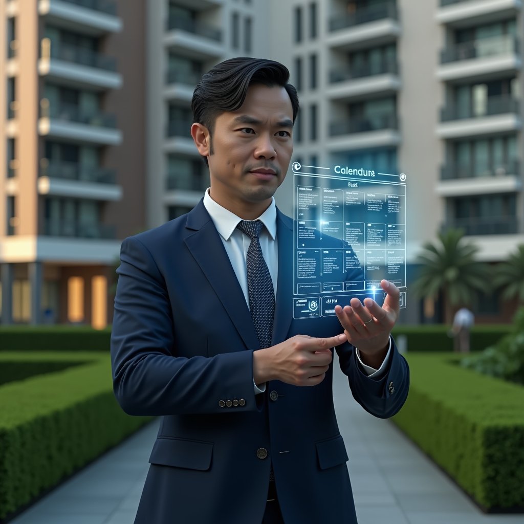(Ultra-realistic condominium manager in a tailored navy suit, set in a modern luxury condominium environment with high-rise buildings and manicured green landscaping, examining a floating holographic calendar with task icons and deadlines, confident and focused expression, cinematic lighting, shallow depth of field, highly detailed textures, realistic skin, photographic realism, 8k resolution --ar 1:1 --v 6)