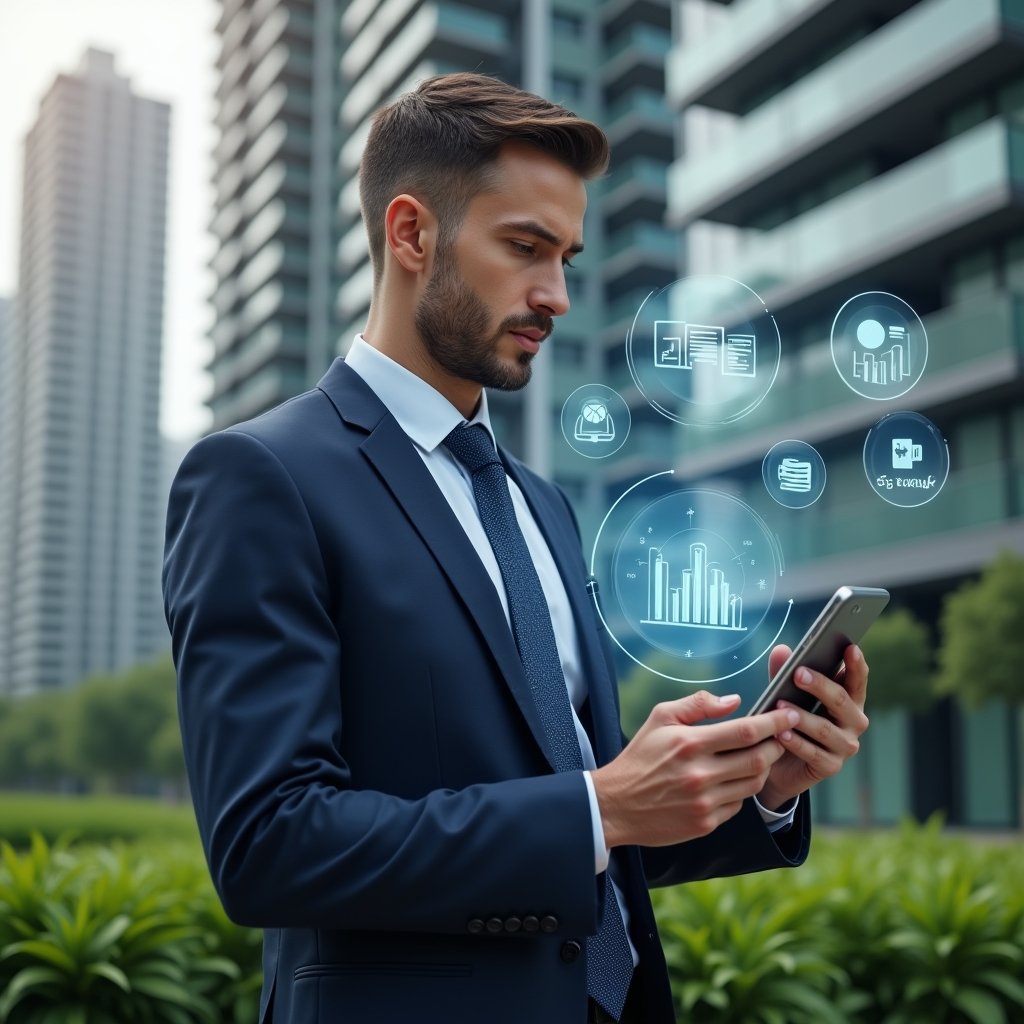 Ultra-realistic condominium manager in a navy tailored suit, set in a modern luxury condominium environment with high-rise buildings and lush green landscaping, holding a smartphone and interacting with floating holographic icons representing automated tasks, notifications and financial charts, confident expression, cinematic lighting, shallow depth of field, highly detailed textures, realistic skin, photographic realism, 8k resolution --ar 1:1 --v 6