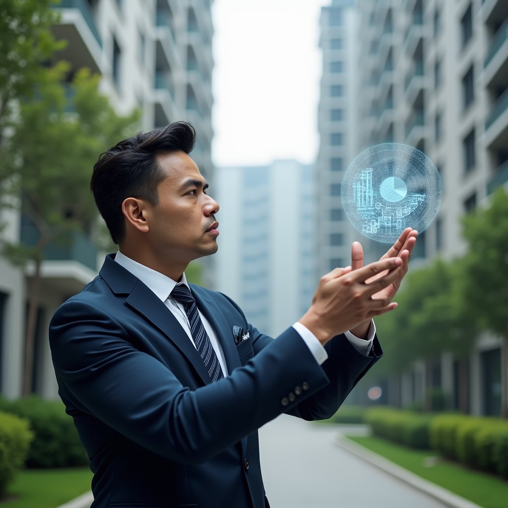 (Ultra-realistic property manager in a navy executive suit, set in a modern luxury condominium environment with high-rise buildings and lush green landscaping, analyzing a floating holographic pie chart showing percentage fractions, confident and focused expression, symbolic fractional chart hologram, cinematic lighting, shallow depth of field, highly detailed textures, realistic skin, photographic realism, 8k resolution --ar 1:1 --v 6)