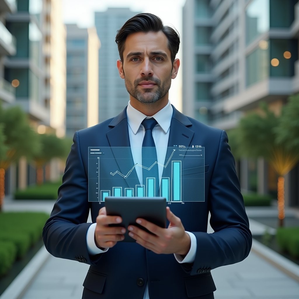 (Ultra-realistic property manager in a navy blue suit, set in a modern luxury condominium environment with high-rise buildings and manicured green landscaping, confidently holding a tablet displaying holographic financial charts and a transparent UI of a condominium management app, cinematic lighting, shallow depth of field, highly detailed textures, realistic skin, photographic realism, 8k resolution --ar 1:1 --v 6)
