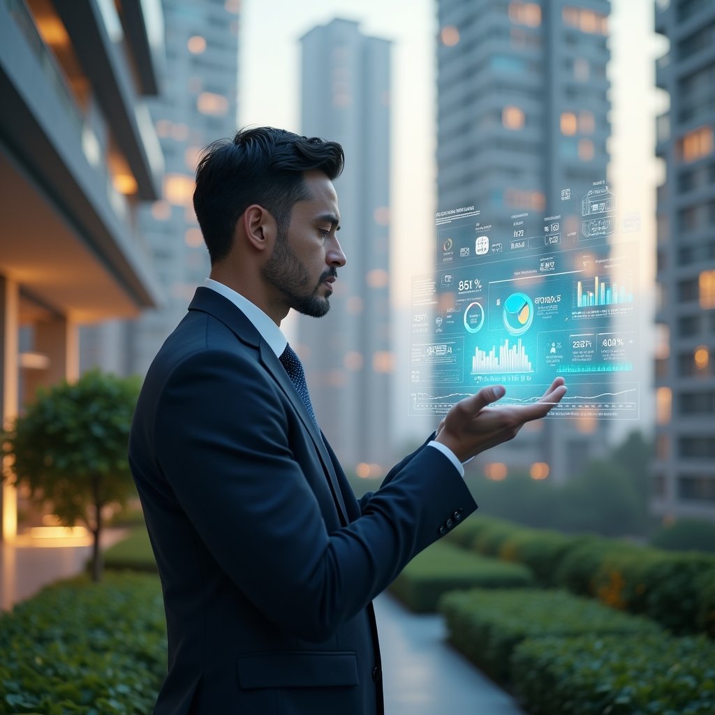 (Ultra-realistic condominium manager in a tailored navy suit, set in a modern luxury condominium environment with high-rise buildings and manicured green landscaping, analyzing a holographic fractional share chart floating before them, digital pie charts and interface elements symbolizing ideal share control and fair cost allocation, confident and focused expression, cinematic lighting, shallow depth of field, highly detailed textures, realistic skin, photographic realism, 8k resolution --ar 1:1 --v 6)