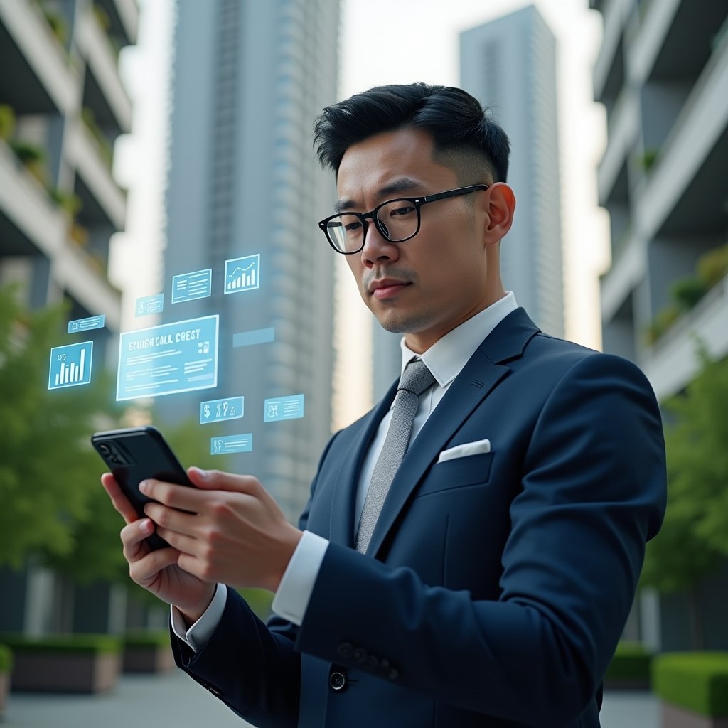 (Ultra-realistic condominium manager in a tailored navy suit, set in a modern luxury condominium environment with high-rise buildings and lush green landscaping, holding a smartphone displaying a holographic condominium management app interface, confident and focused expression, floating icons of task lists, financial charts and chat bubbles around the device, cinematic lighting, shallow depth of field, highly detailed textures, realistic skin, photographic realism, 8k resolution --ar 1:1 --v 6)