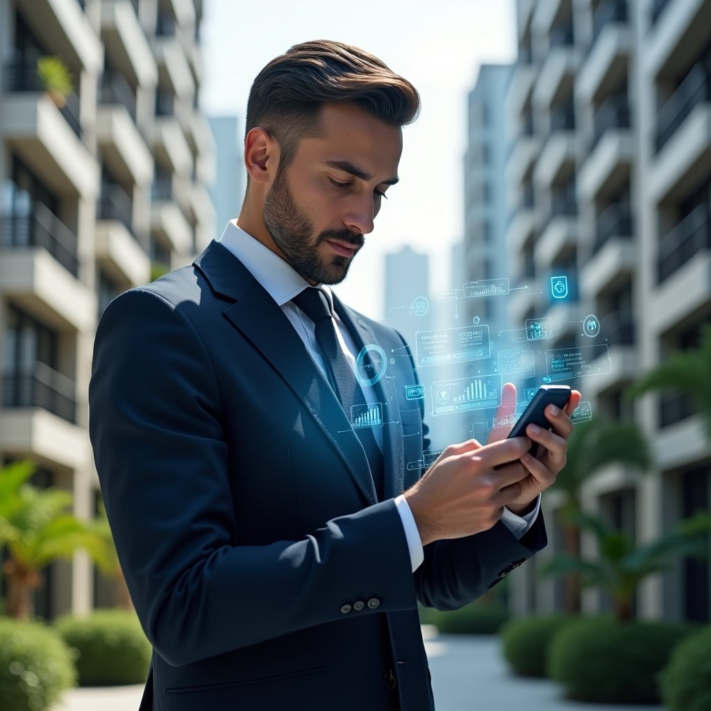 Ultra-realistic property manager in a sleek navy suit, set in a modern luxury condominium environment with high-rise buildings and manicured gardens, holding a smartphone projecting a holographic mobile condo management dashboard, confidently swiping through digital charts and notifications, futuristic UI icons floating around, cinematic lighting, shallow depth of field, highly detailed textures, realistic skin, photographic realism, 8k resolution --ar 1:1 --v 6
