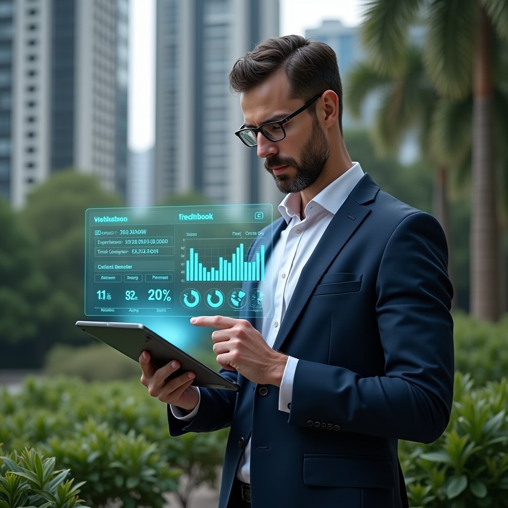 Ultra-realistic condominium manager in a tailored navy suit, set in a modern luxury condominium environment with high-rise buildings and lush green landscaping, holding a tablet displaying floating holographic financial charts and graphs, confidently pointing at an interactive expense automation interface, cinematic lighting, shallow depth of field, highly detailed textures, realistic skin, photographic realism, 8k resolution --ar 1:1 --v 6