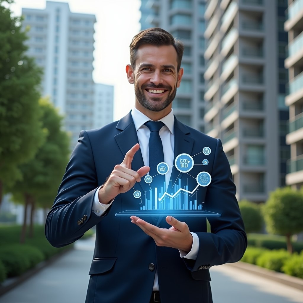 (Ultra-realistic condominium manager in a dark blue tailored suit, set in a modern luxury condominium environment with high-rise buildings and lush green landscaping, holding a transparent holographic financial report and pointing to clear charts with a confident, approachable smile, floating icons of coins and graphs symbolizing transparent accounting, cinematic lighting, shallow depth of field, highly detailed textures, realistic skin, photographic realism, 8k resolution --ar 1:1 --v 6)
