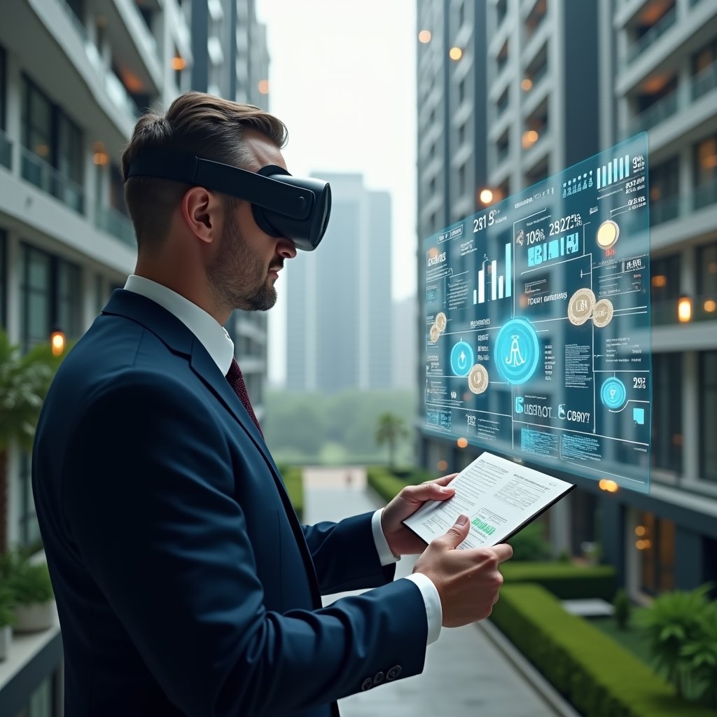 (Ultra-realistic condominium manager in a navy executive suit, set in a modern luxury condominium environment with high-rise buildings and manicured greenery, focused on analyzing a holographic financial dashboard displaying charts, percent indicators and bar graphs, symbolic floating icons of coins and ledgers around them, cinematic lighting, shallow depth of field, highly detailed textures, realistic skin, photographic realism, 8k resolution --ar 1:1 --v 6)