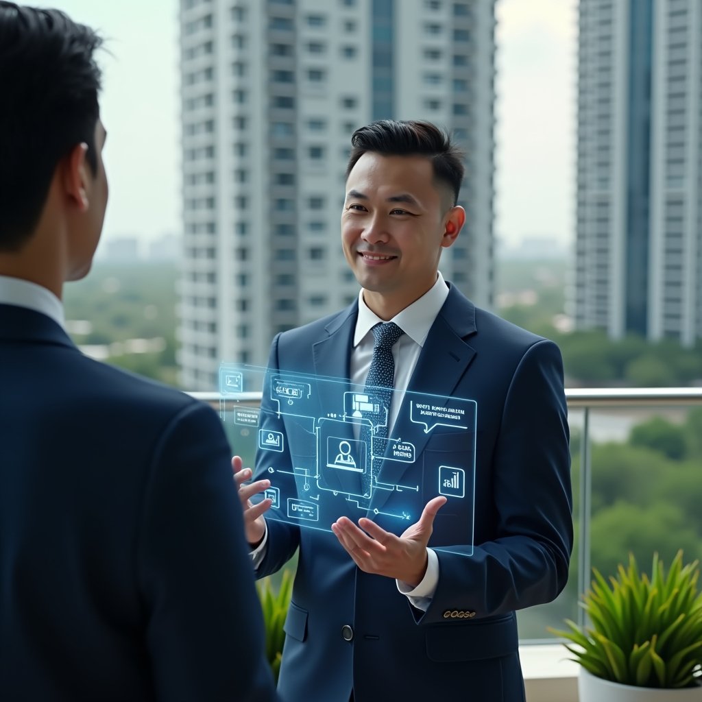 Ultra-realistic condominium manager in a tailored navy blue suit, set in a modern luxury condominium environment with high-rise buildings and lush green landscaping, confidently interacting with a holographic 4-step digital interface displaying automation icons and communication bubbles, cinematic lighting, shallow depth of field, highly detailed textures, realistic skin, photographic realism, 8k resolution --ar 1:1 --v 6