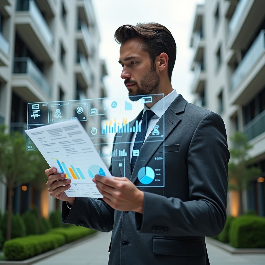Ultra-realistic condominium manager in a charcoal gray suit, set in a modern luxury condominium environment with high-rise buildings and manicured green landscaping, holding a transparent holographic spreadsheet displaying colorful bar graphs and pie charts, confidently reviewing digital reports, surrounded by floating icons of documents and balance sheets, cinematic lighting, shallow depth of field, highly detailed textures, realistic skin, photographic realism, 8k resolution --ar 1:1 --v 6