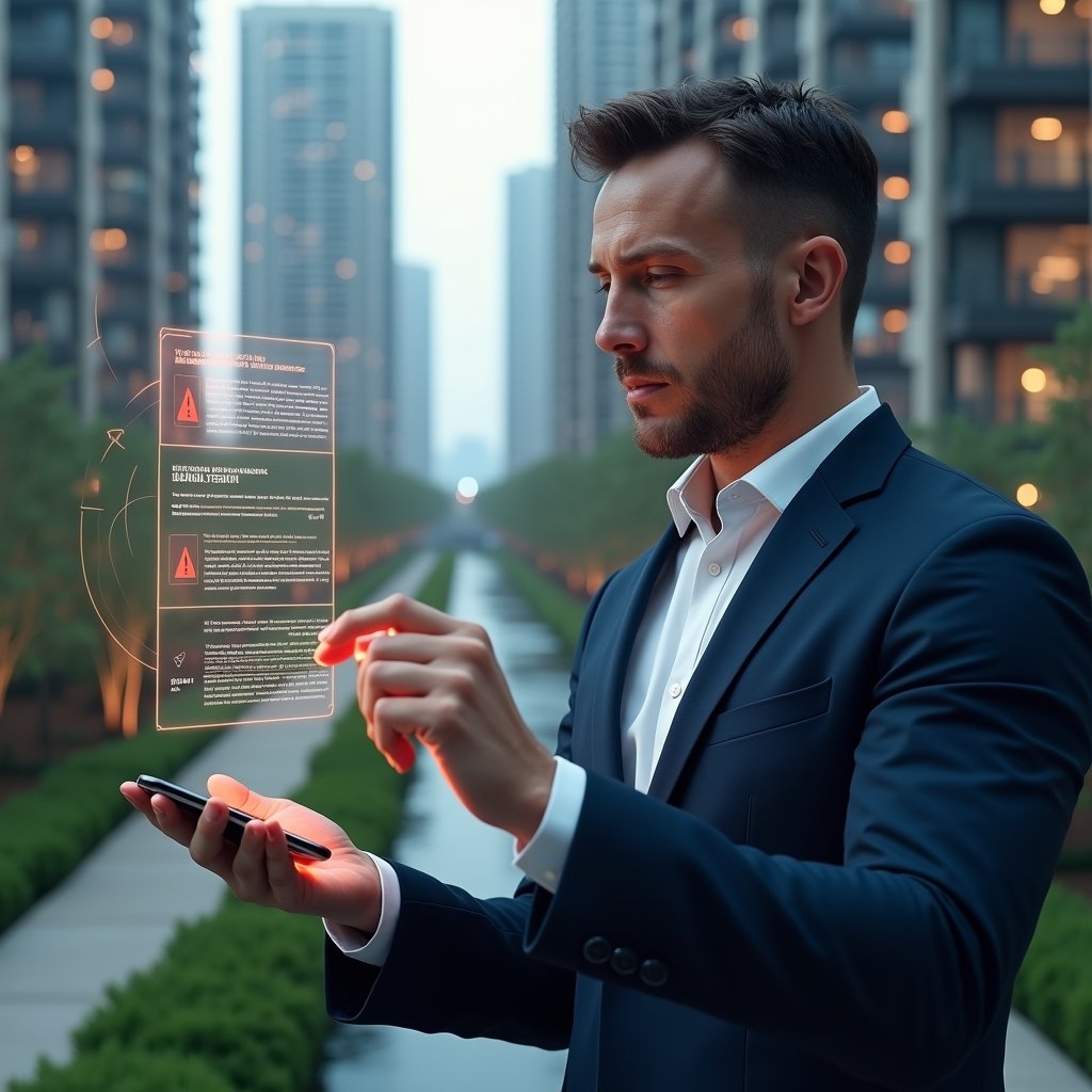 (Ultra-realistic condominium manager in a navy executive suit, set in a modern luxury condominium environment with high-rise buildings and manicured green landscaping, examining a floating holographic condominium management app interface displaying red warning icons and error alerts, thoughtful expression, cinematic lighting, shallow depth of field, highly detailed textures, realistic skin, photographic realism, 8k resolution --ar 1:1 --v 6)