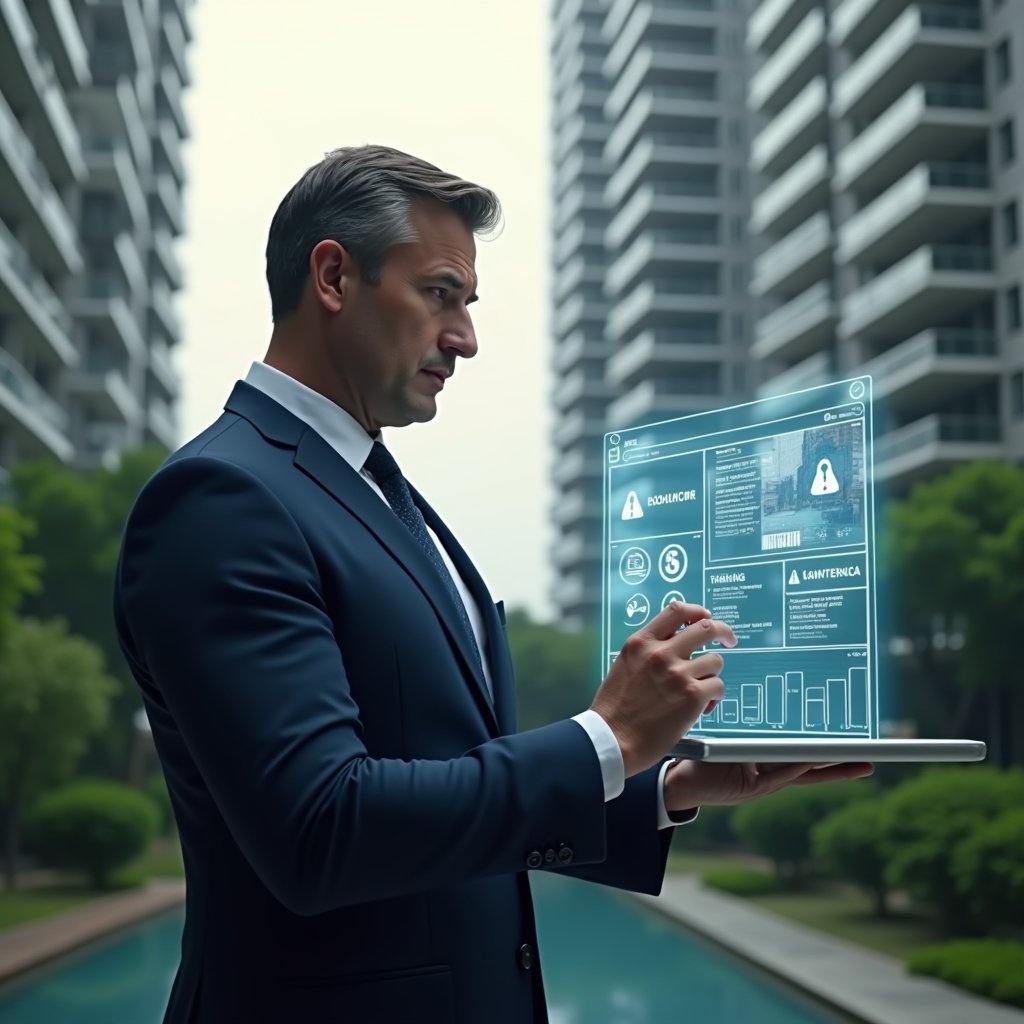 (Ultra-realistic condominium manager in a navy executive suit, set in a modern luxury condominium environment with high-rise buildings and lush green landscaping, examining a floating holographic dashboard displaying warning icons, checklists and calendar alerts, thoughtful expression with slight furrowed brow, cinematic lighting, shallow depth of field, highly detailed textures, realistic skin, photographic realism, 8k resolution --ar 1:1 --v 6)