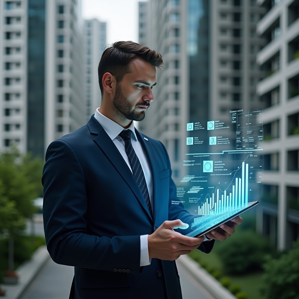 Ultra-realistic condominium manager in a tailored navy suit, set in a modern luxury condominium environment with high-rise buildings and lush green landscaping, analyzing holographic financial charts projected from a tablet, surrounded by semi-transparent icons of receipts and bar graphs, with a thoughtful and confident expression, cinematic lighting, shallow depth of field, highly detailed textures, realistic skin, photographic realism, 8k resolution --ar 1:1 --v 6