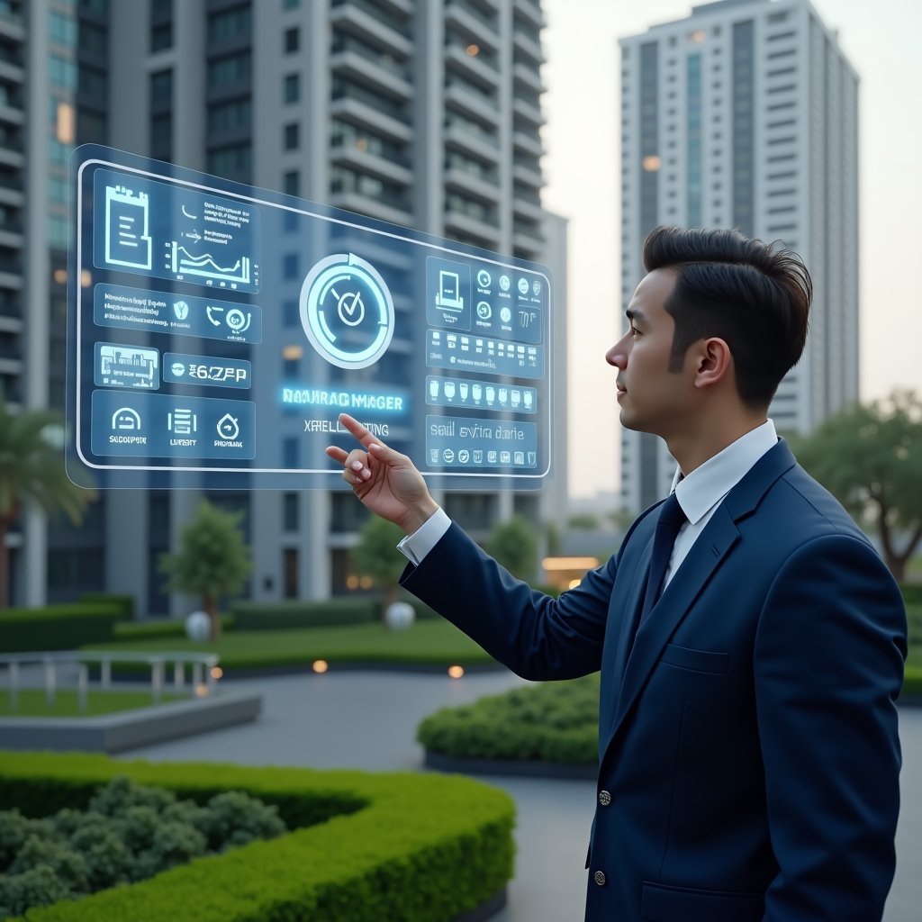 Ultra-realistic condominium manager in a navy blue suit, set in a modern luxury condominium environment with high-rise buildings and manicured green landscaping, confidently pointing at a floating holographic interface displaying finance charts, reservation calendars, chat bubbles and document icons, cinematic lighting, shallow depth of field, highly detailed textures, realistic skin, photographic realism, 8k resolution --ar 1:1 --v 6