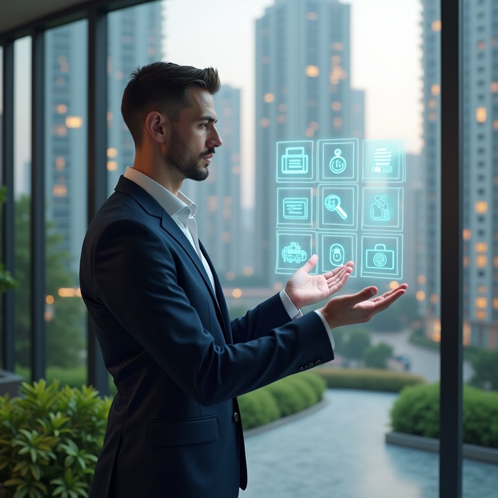 (Ultra-realistic condominium manager in a navy suit, set in a modern luxury condominium environment with high-rise buildings and green landscaping, interacting with a floating holographic interface showing seven app function icons—chat bubble, calendar, invoice, reservation, maintenance wrench, document folder, access control badge—cinematic lighting, shallow depth of field, highly detailed textures, realistic skin, photographic realism, 8k resolution --ar 1:1 --v 6)