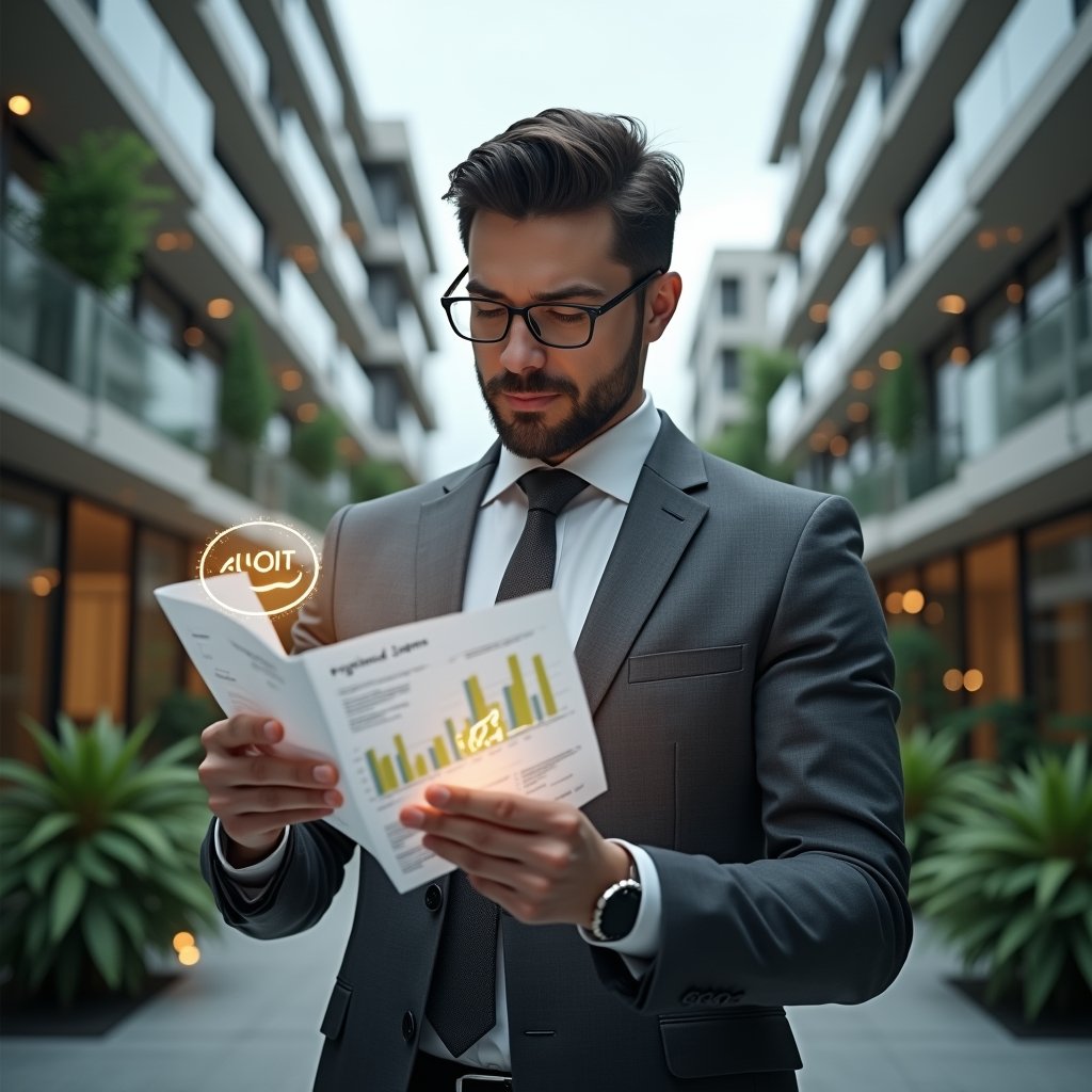 (Ultra-realistic condominium manager in a charcoal gray suit, set in a modern luxury condominium environment with high-rise buildings and manicured gardens, examining floating holographic receipts and monthly financial charts with a confident, focused expression, symbolic glowing icons of audit stamps and clear demonstrative graphs surrounding them, cinematic lighting, shallow depth of field, highly detailed textures, realistic skin, photographic realism, 8k resolution --ar 1:1 --v 6)