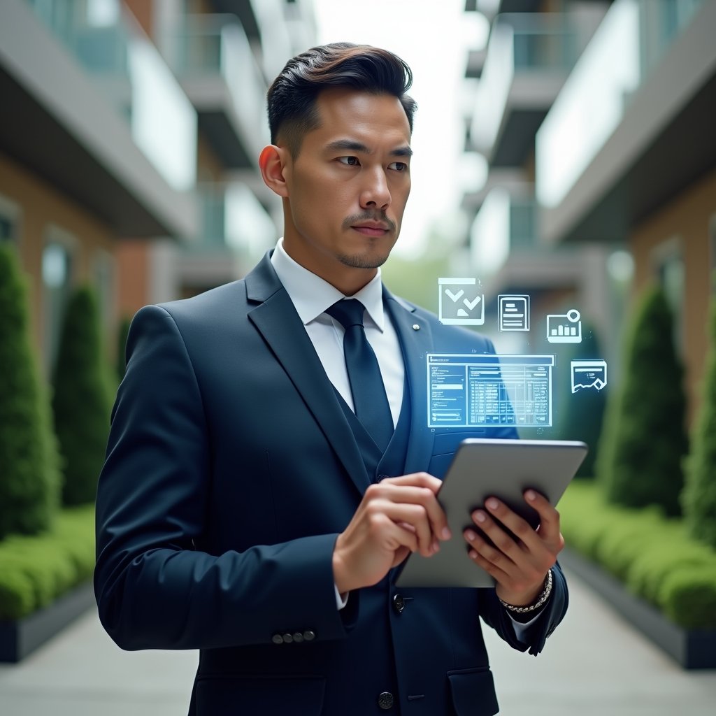 (Ultra-realistic condominium manager in a tailored navy suit, set in a modern luxury condominium environment with high-rise buildings and manicured green landscaping, holding a sleek tablet and interacting with a floating holographic interface showing invoices, reservation calendar and chat icons, confident and focused expression, cinematic lighting, shallow depth of field, highly detailed textures, realistic skin, photographic realism, 8k resolution --ar 1:1 --v 6)