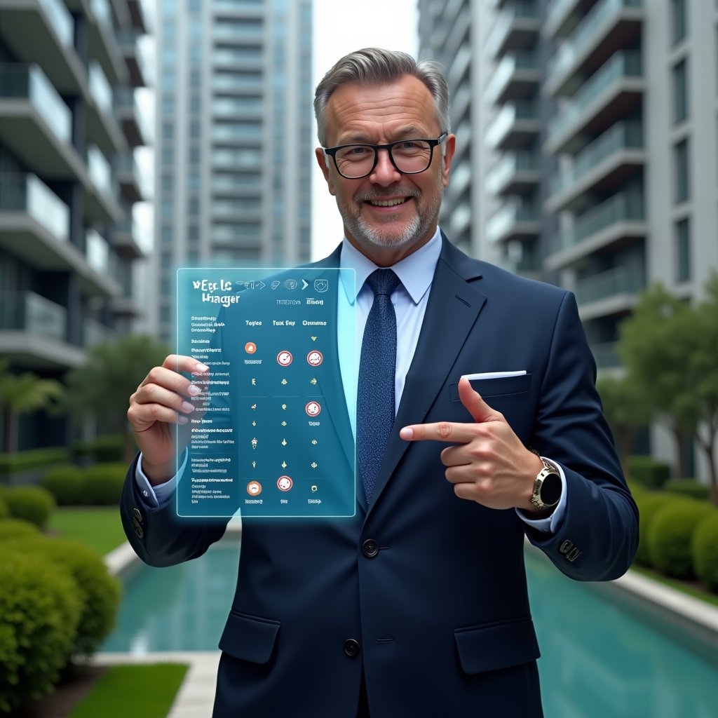 Ultra-realistic condominium manager in a navy suit, set in a modern luxury condominium environment with high-rise buildings and manicured green landscaping, holding and pointing at a transparent holographic schedule displaying tasks, clocks and checkmarks, confident and focused expression, cinematic lighting, shallow depth of field, highly detailed textures, realistic skin, photographic realism, 8k resolution --ar 1:1 --v 6