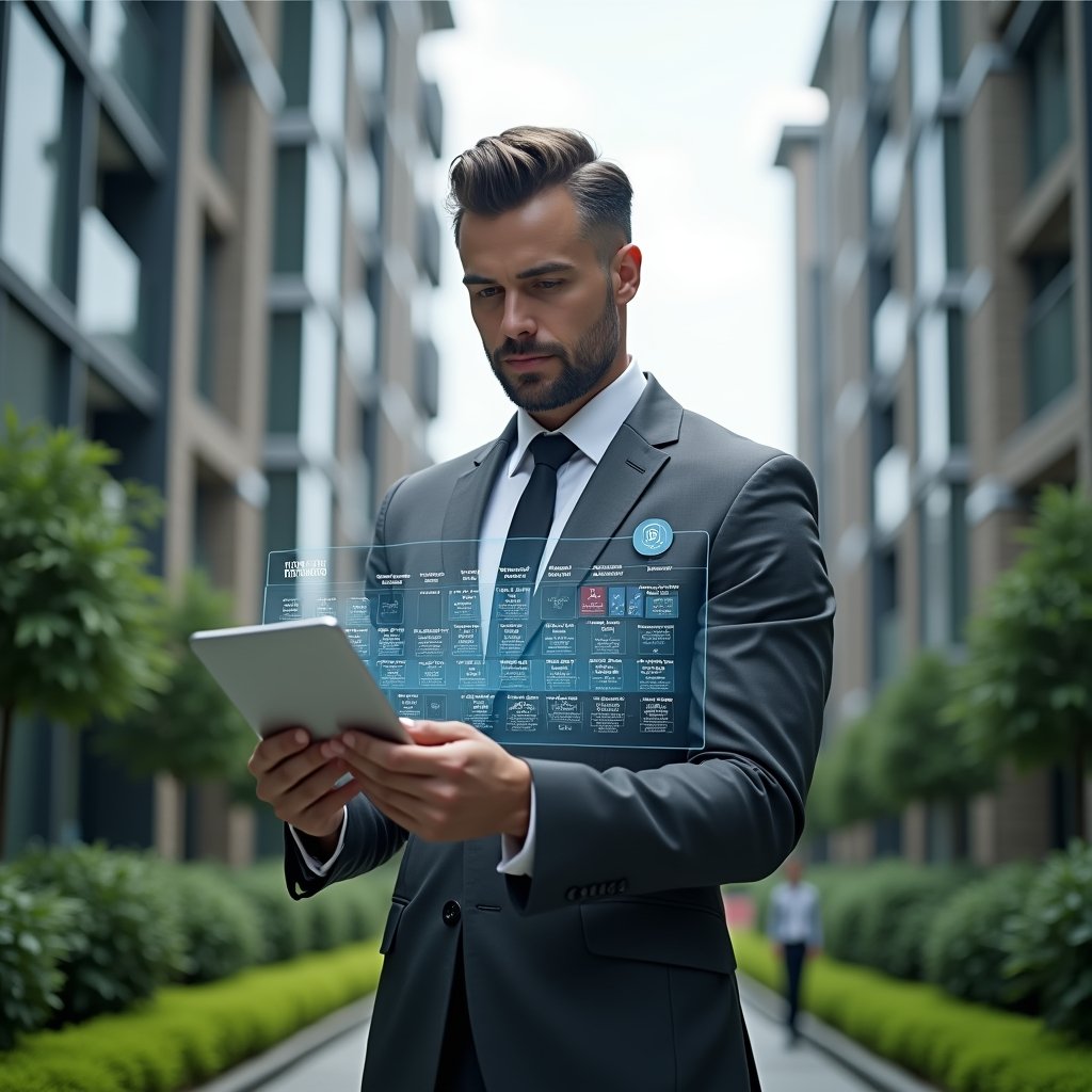 (Ultra-realistic condominium manager in a charcoal gray suit, set in a modern luxury condominium environment with high-rise buildings and manicured green landscaping, holding a holographic calendar schedule with floating icons for maintenance, assemblies and events, confidently reviewing upcoming deadlines, cinematic lighting, shallow depth of field, highly detailed textures, realistic skin, photographic realism, 8k resolution --ar 1:1 --v 6)