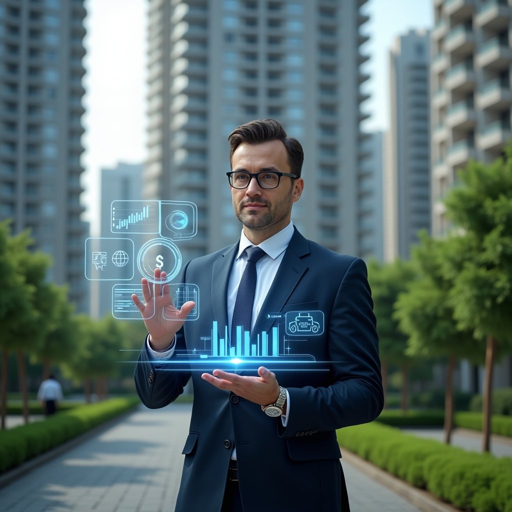Ultra-realistic condominium manager in a navy executive suit, set in a modern luxury condominium environment with high-rise buildings and manicured green landscaping, confidently interacting with a floating holographic financial dashboard displaying charts and digital ledgers, subtle icons of reports and graphs orbiting around, cinematic lighting, shallow depth of field, highly detailed textures, realistic skin, photographic realism, 8k resolution --ar 1:1 --v 6