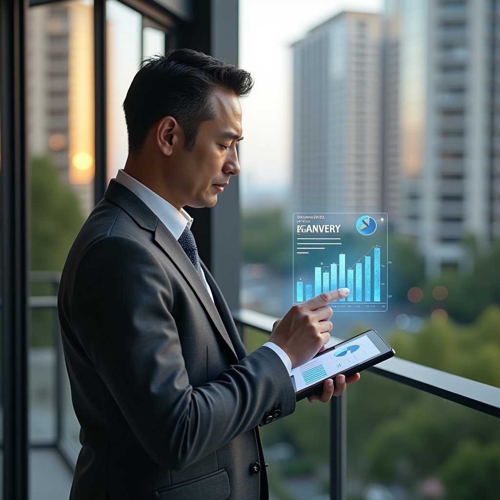 (Ultra-realistic condominium manager in a charcoal gray executive suit, set in a modern luxury condominium environment with high-rise buildings and manicured gardens, mid-shot of the manager reviewing a digital tablet showing a holographic budget pie chart and expense forecast, holographic icons of coins and graphs floating beside them, focused and confident expression, cinematic lighting, shallow depth of field, highly detailed textures, realistic skin, photographic realism, 8k resolution --ar 1:1 --v 6)