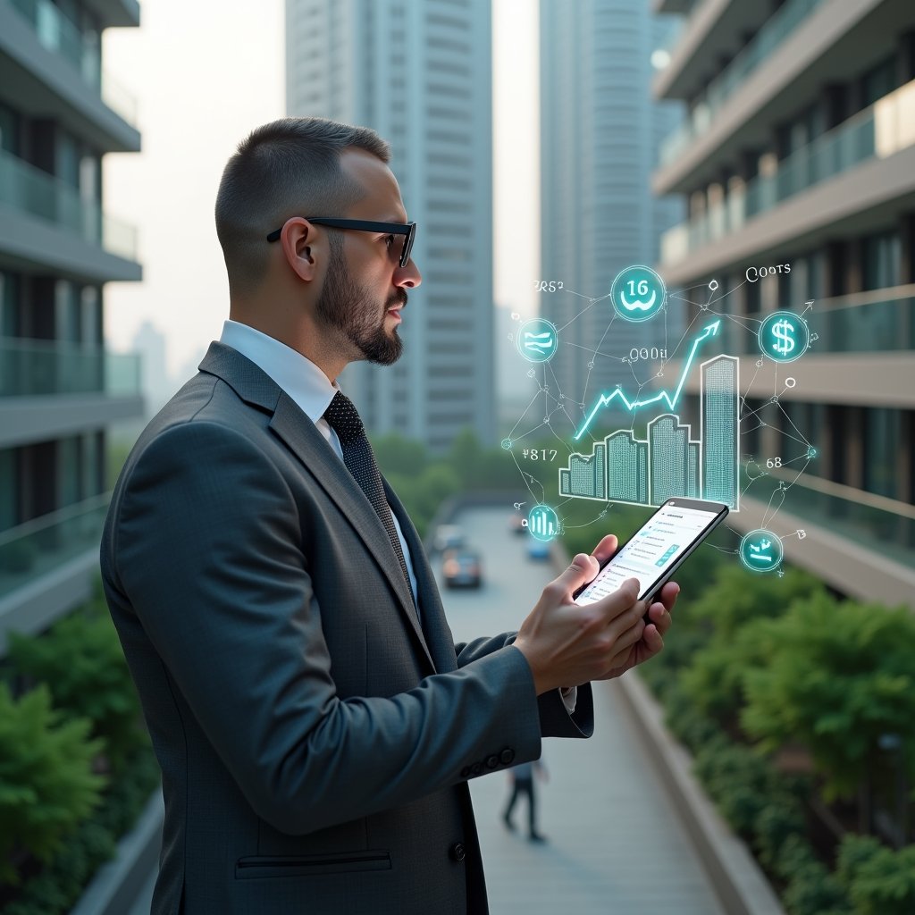 (Ultra-realistic condominium manager in a charcoal gray suit, set in a modern luxury condominium environment with high-rise buildings and lush green landscaping, analyzing a holographic financial chart showing cost-reduction metrics, surrounded by floating budget and efficiency icons, cinematic lighting, shallow depth of field, highly detailed textures, realistic skin, photographic realism, 8k resolution --ar 1:1 --v 6)