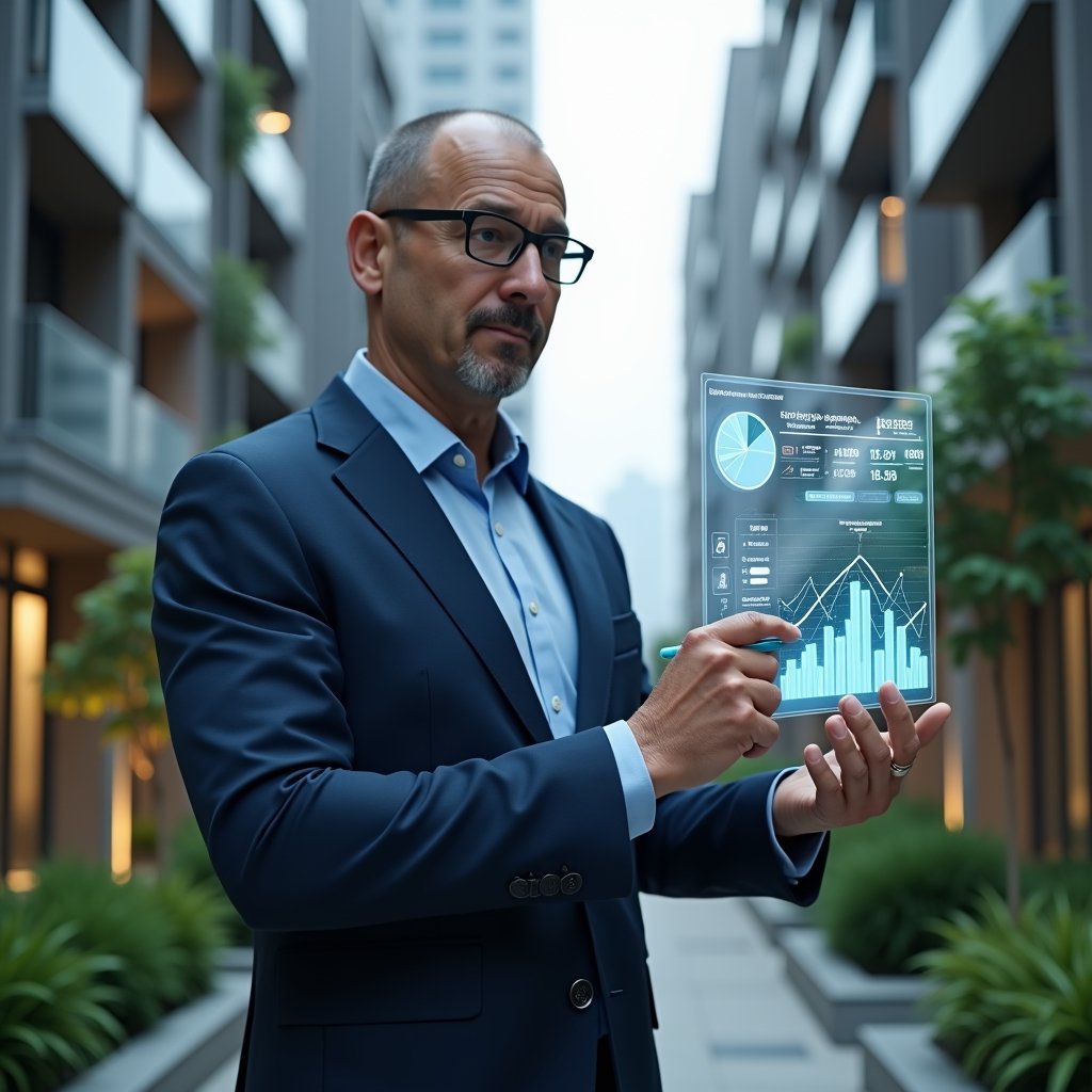 Ultra-realistic condominium manager in a tailored navy-blue suit, set in a modern luxury condominium environment with high-rise buildings and meticulously landscaped gardens, confidently analyzing a floating holographic financial dashboard showing budget charts and expense icons, pointing at a rising graph with a pen, cinematic lighting, shallow depth of field, highly detailed textures, realistic skin, photographic realism, 8k resolution --ar 1:1 --v 6