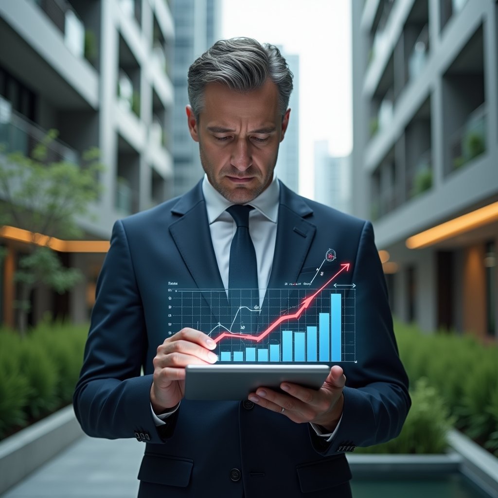 Ultra-realistic condominium manager in a tailored navy suit, set in a modern luxury condominium environment with high-rise buildings and lush green landscaping, examining a holographic chart of rising expenses on a transparent tablet, holographic warning icons and red arrows symbolizing cost increases, looking concerned and focused, cinematic lighting, shallow depth of field, highly detailed textures, realistic skin, photographic realism, 8k resolution --ar 1:1 --v 6