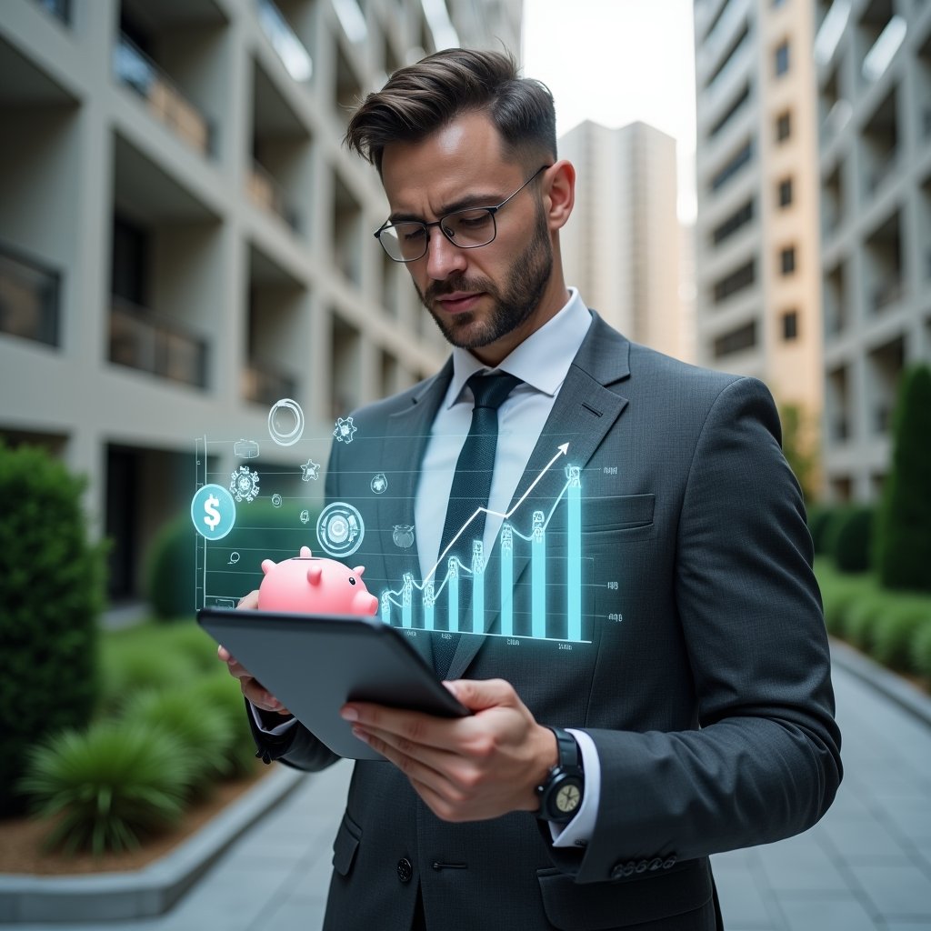 Ultra-realistic condominium manager in a charcoal gray suit, set in a modern luxury condominium environment with high-rise buildings and manicured green landscaping, holding a digital tablet displaying holographic cost-saving charts and graphs, analyzing budget with a focused, confident expression, floating piggy bank and gear icons symbolizing expense reduction, cinematic lighting, shallow depth of field, highly detailed textures, realistic skin, photographic realism, 8k resolution --ar 1:1 --v 6