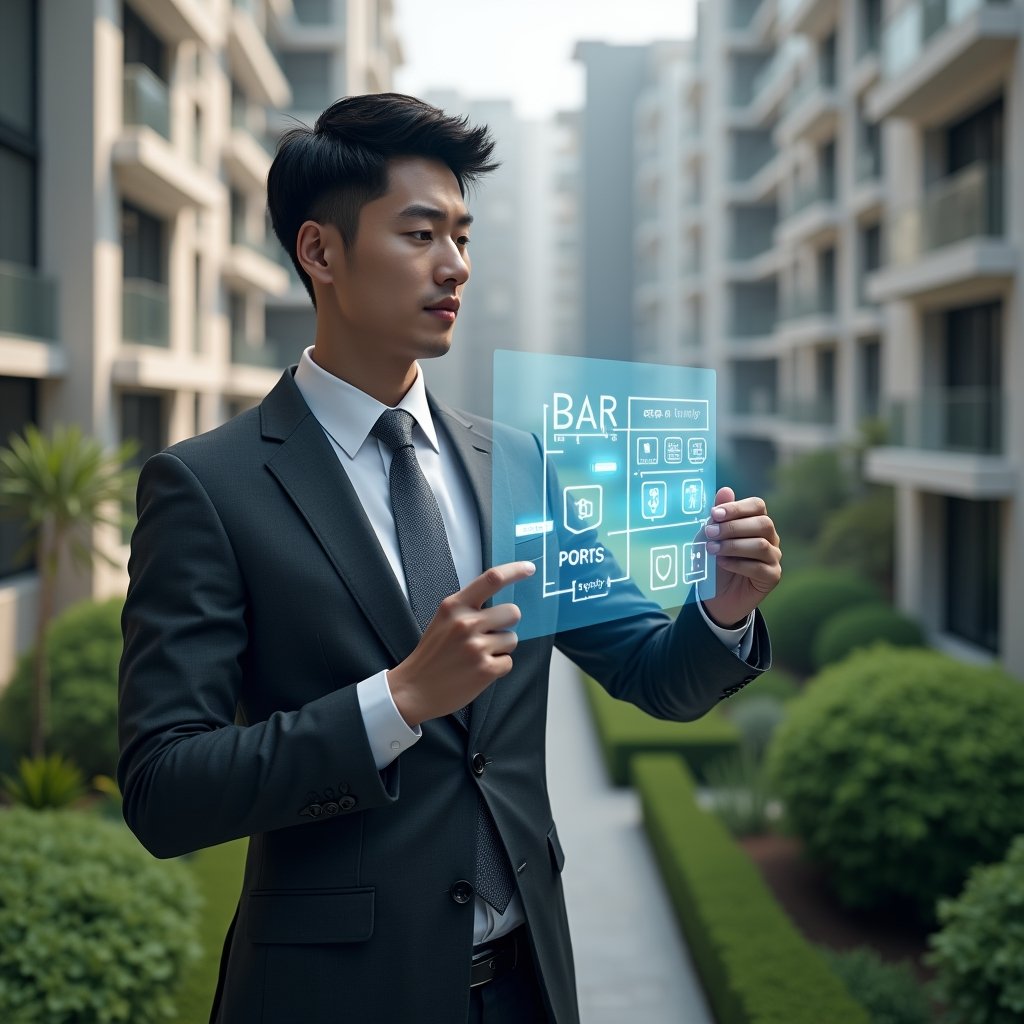 (Ultra-realistic condominium manager in a dark gray tailored suit, set in a modern luxury condominium environment with high-rise buildings and manicured green gardens, examining a translucent holographic interface displaying icons for finance, chat, calendar, security and maintenance, confident and focused expression, cinematic lighting, shallow depth of field, highly detailed textures, realistic skin, photographic realism, 8k resolution --ar 1:1 --v 6)
