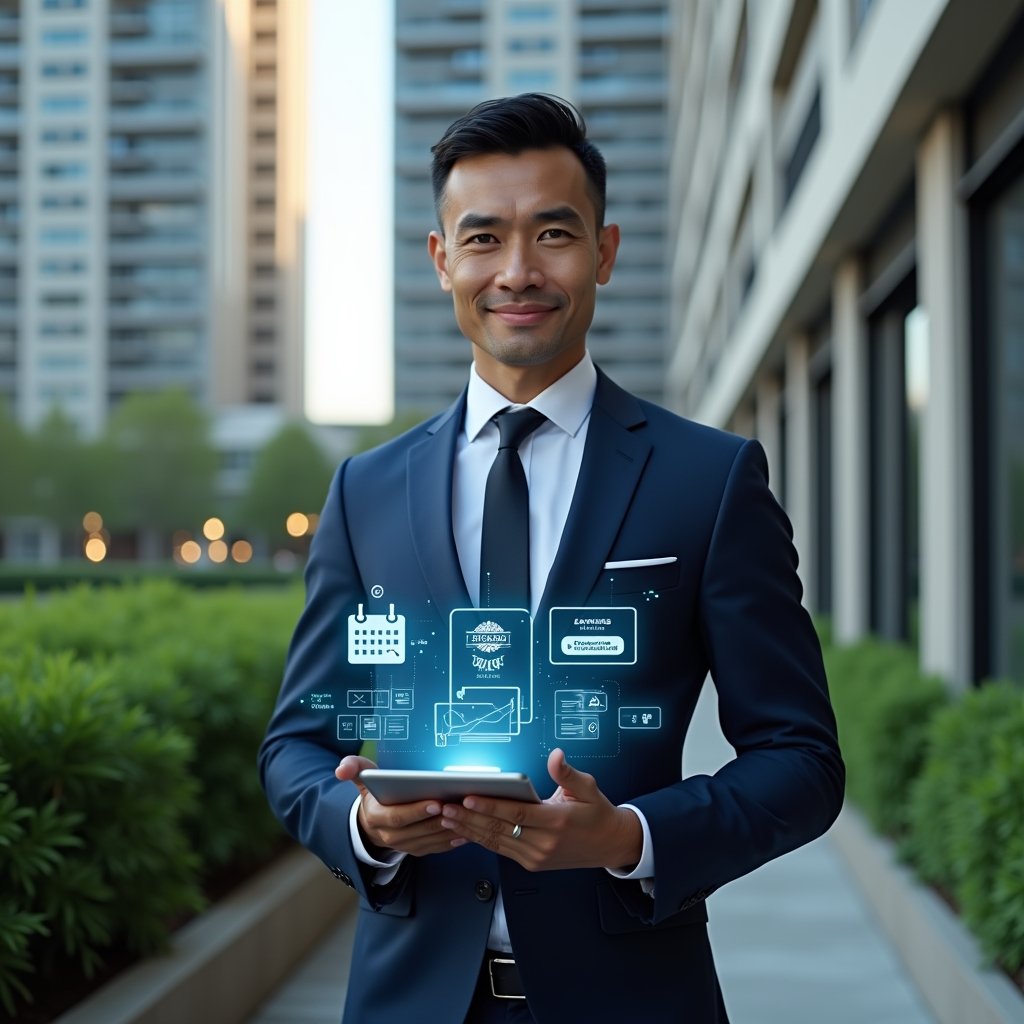 (Ultra-realistic condominium manager in a navy executive suit, set in a modern luxury condominium environment with high-rise buildings and manicured green landscaping, holding a tablet displaying holographic icons of reservation calendar, visitor badge, and financial report charts, confident and focused expression, thematic holographic interface elements floating around, cinematic lighting, shallow depth of field, highly detailed textures, realistic skin, photographic realism, 8k resolution --ar 1:1 --v 6)