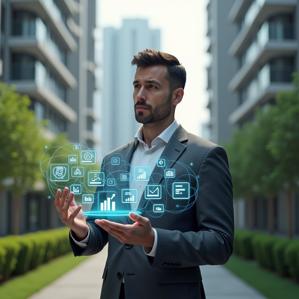 (Ultra-realistic condominium manager in a charcoal gray suit, set in a modern luxury condominium environment with high-rise buildings and manicured green landscaping, holding and inspecting a floating holographic interface displaying icons for maintenance requests, financial charts, calendar bookings and chat messages, confident and focused expression, translucent app icons swirling around the character, cinematic lighting, shallow depth of field, highly detailed textures, realistic skin, photographic realism, 8k resolution --ar 1:1 --v 6)