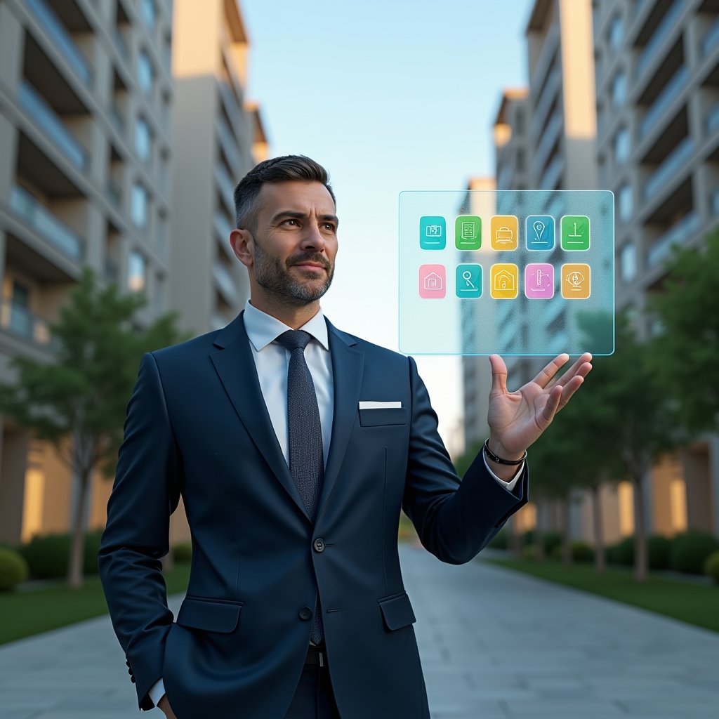 (Ultra-realistic condominium manager in a tailored navy suit, set in a modern luxury condominium environment with high-rise buildings and manicured green landscaping, standing in a medium shot and confidently interacting with a floating holographic interface displaying ten colorful icons representing finance, maintenance, and communication, cinematic lighting, shallow depth of field, highly detailed textures, realistic skin, photographic realism, 8k resolution --ar 1:1 --v 6)