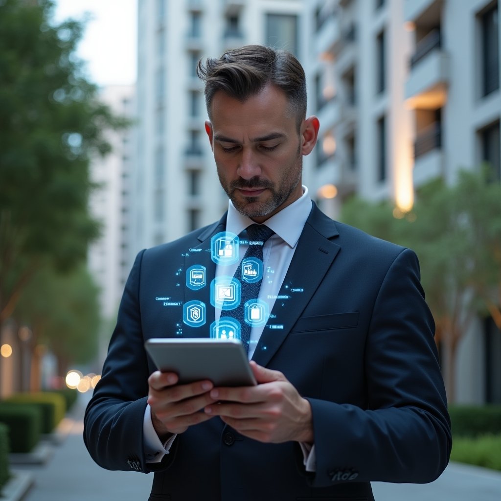 (Ultra-realistic property manager in a tailored navy suit, set in a modern luxury condominium environment with high-rise buildings and manicured green spaces, holding a tablet displaying holographic icons representing communication, finance and security functions, confidently analyzing data, subtle floating app interface elements, cinematic lighting, shallow depth of field, highly detailed textures, realistic skin, photographic realism, 8k resolution --ar 1:1 --v 6)